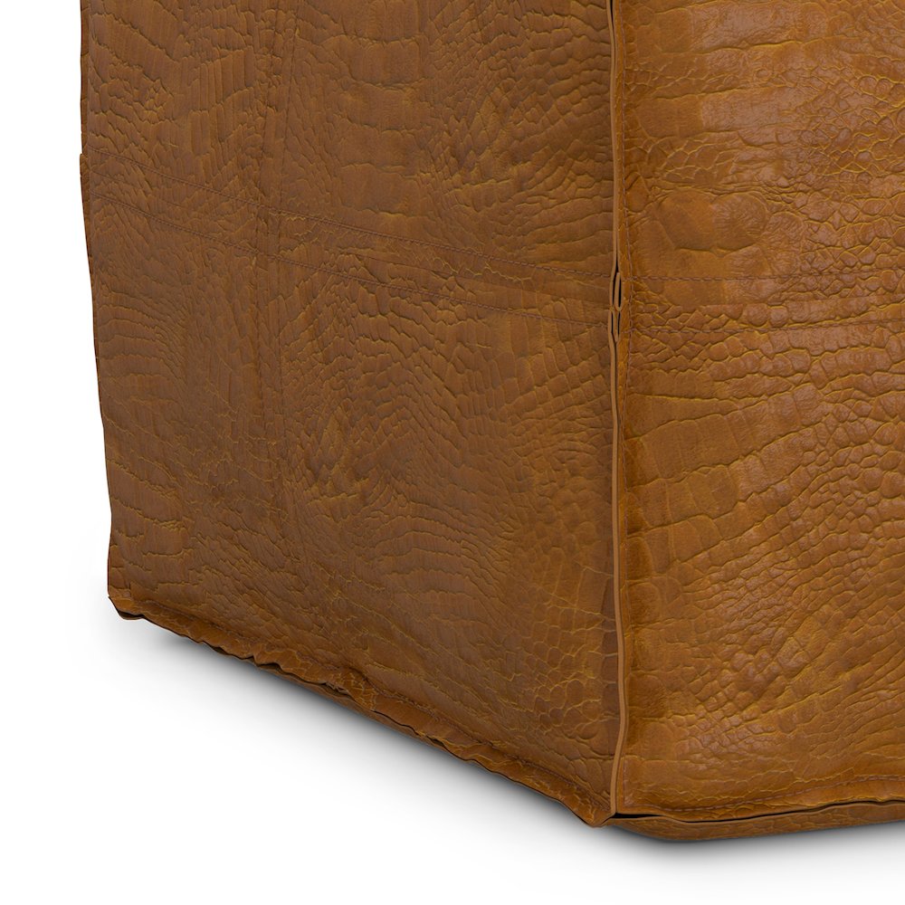 Brody 18 inch Wide Boho Square Pouf in Tan Genuine Leather. Picture 4