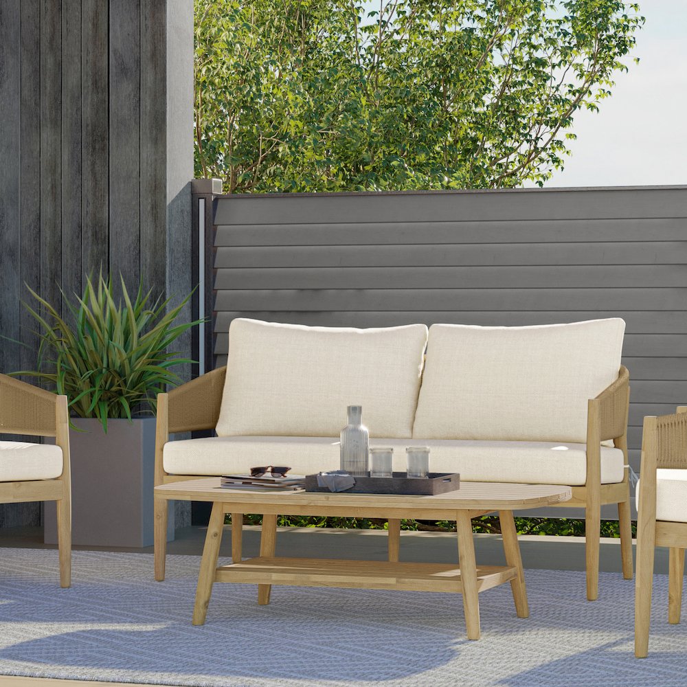 Bayshore Solid Acacia Wood Outdoor Coffee Table In Light Teak. Picture 5