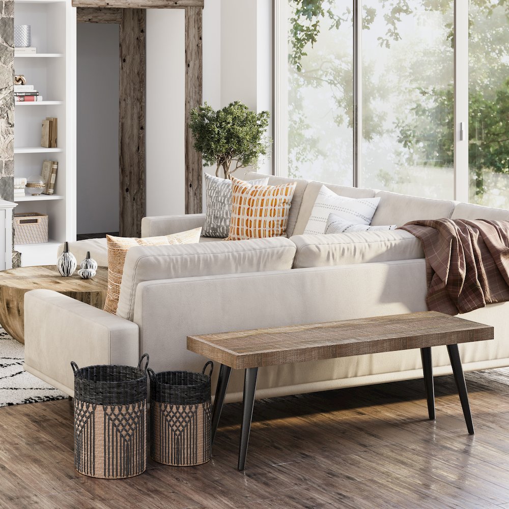 Durham Solid Mango Wood Bench In Distressed Natural. Picture 5