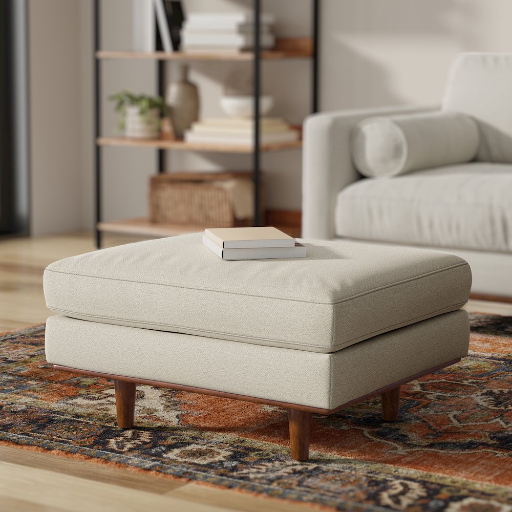 33 inch Wide Mid-Century Modern Table Ottoman in Cream White Woven-Blend Fabric. Picture 6