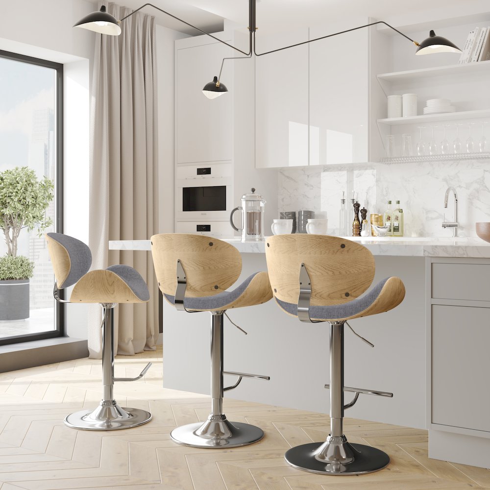 Marana Bentwood Adjustable Swivel Bar Stool In Light Grey Polyester Linen. Picture 5