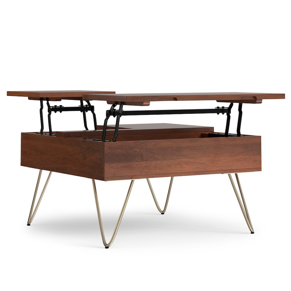 Hunter Solid Mango Wood Lift Top Square Coffee Table In Umber Brown, Gold. Picture 1