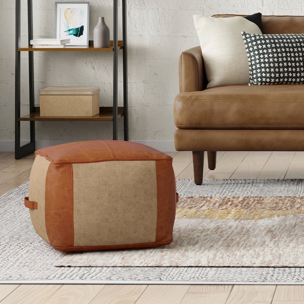 Atkinson Pouf  In Tan Genuine Leather. Picture 5