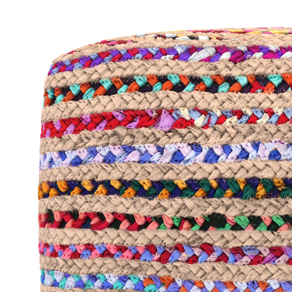 Margo 20 inch Wide Boho Pouf in Multicolor Natural Jute/Cotton Chindi, Assembled. Picture 5