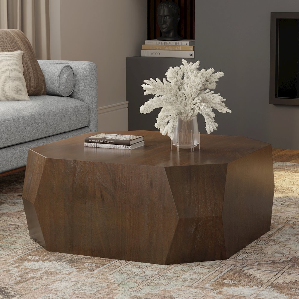 Eisley 39 inch Wide Acacia Wood Contemporary Coffee Table in Walnut, Assembled. Picture 6