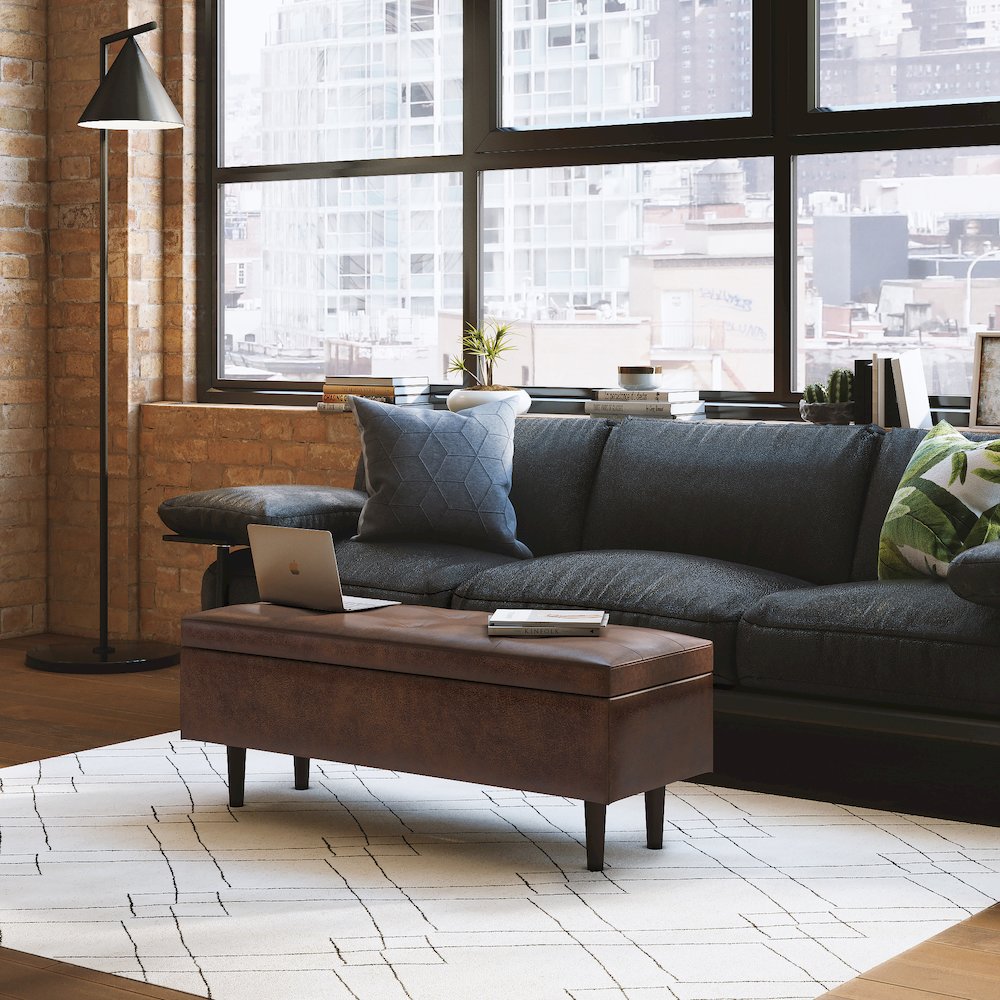 Rectangular Storage Ottoman In Distressed Chestnut Brown Vegan Faux Leather. Picture 5