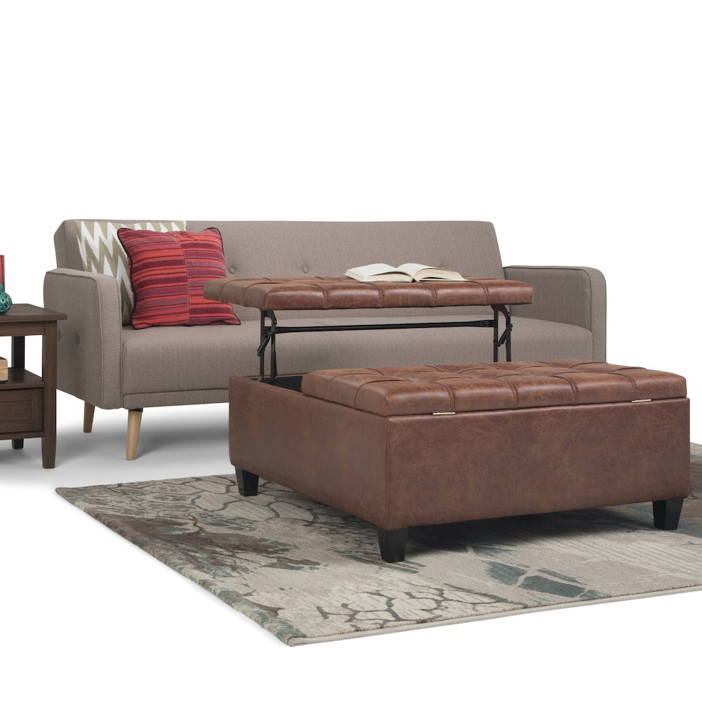 Coffee Table Storage Ottoman In Distressed Umber Brown Vegan Faux Leather. Picture 5
