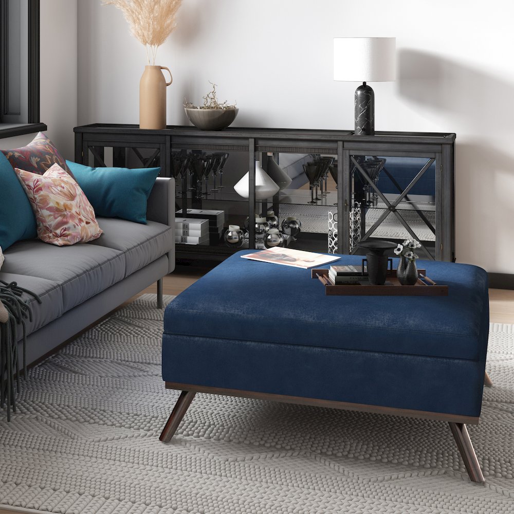 Coffee Table Storage Ottoman In Distressed Dark Blue Vegan Faux Leather. Picture 5