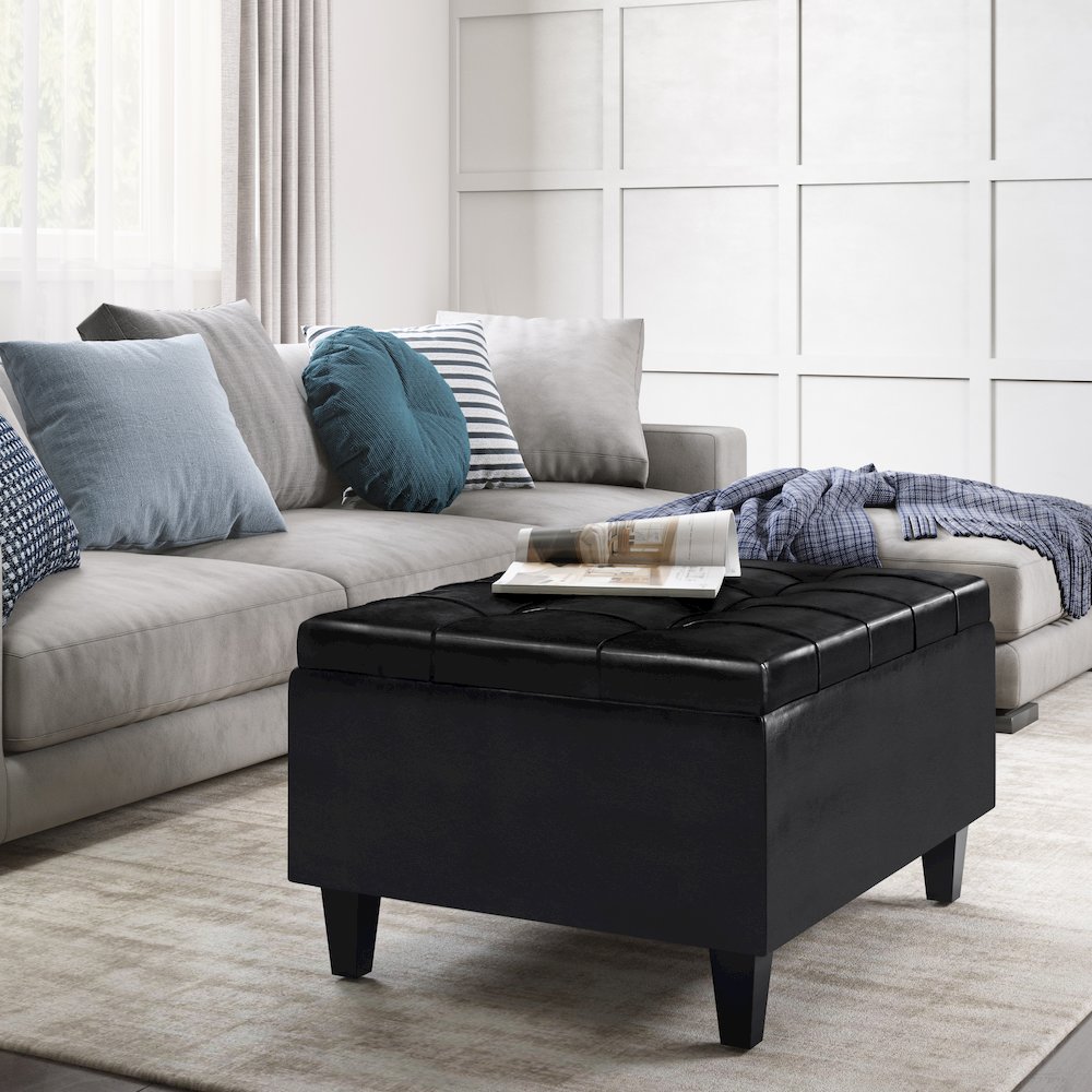 Harrison Small Coffee Table Storage Ottoman In Midnight Black Faux Leather. Picture 5