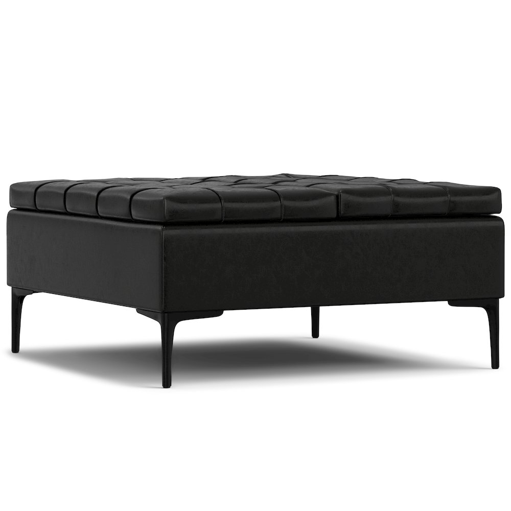 Laura Mid Century Lift Top Storage Ottoman in Midnight Black Vegan Faux Leather. Picture 1