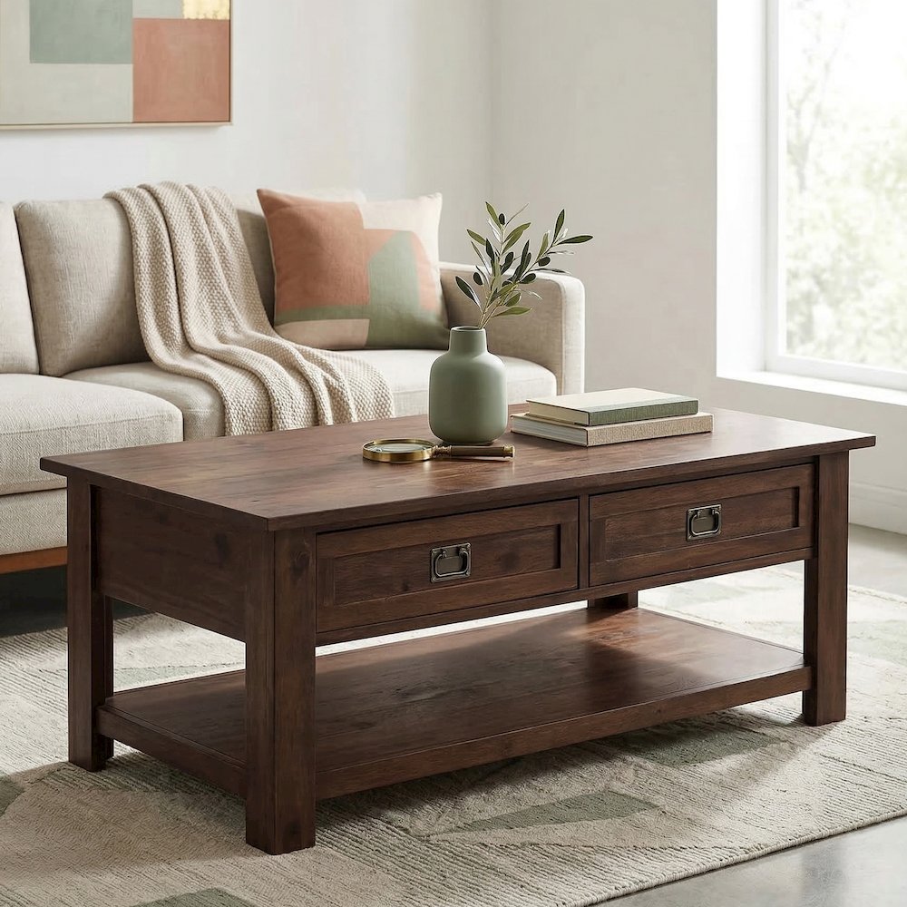 Monroe 48 inch Wide Solid Acacia Wood Rustic Rectangular Coffee Table. Picture 2