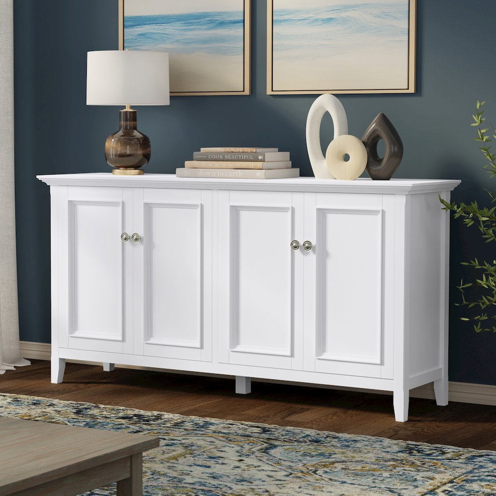 Amherst 66 inch Wide Solid Wood Transitional 4 Door Storage Cabinet in White. Picture 6