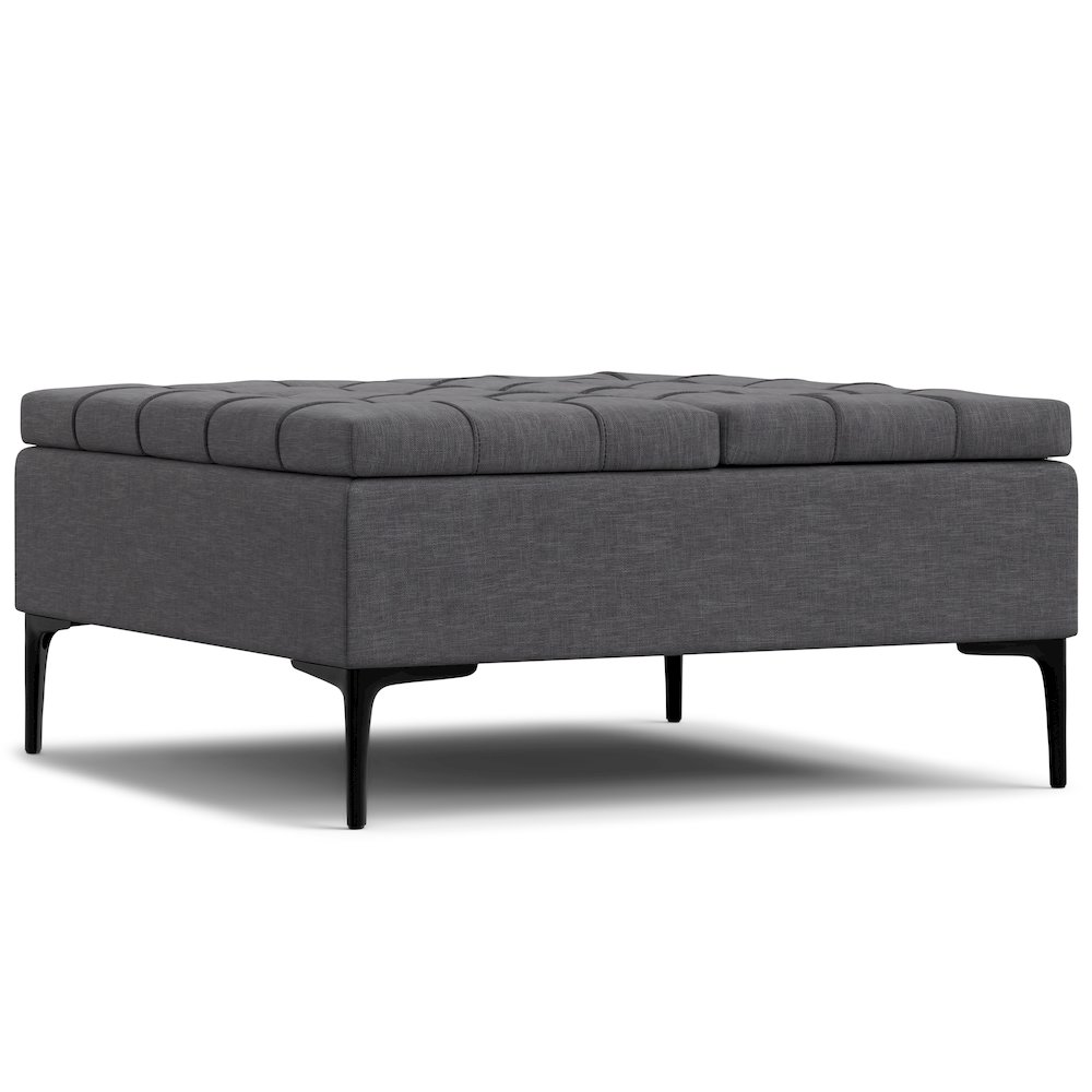 Laura Mid Century Lift Top Storage Ottoman in Slate Grey Polyester Linen. Picture 1