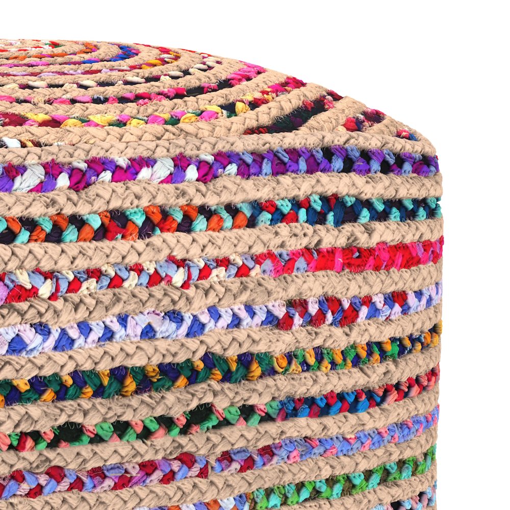 Margo 20 inch Wide Boho Pouf in Multicolor Natural Jute/Cotton Chindi, Assembled. Picture 3