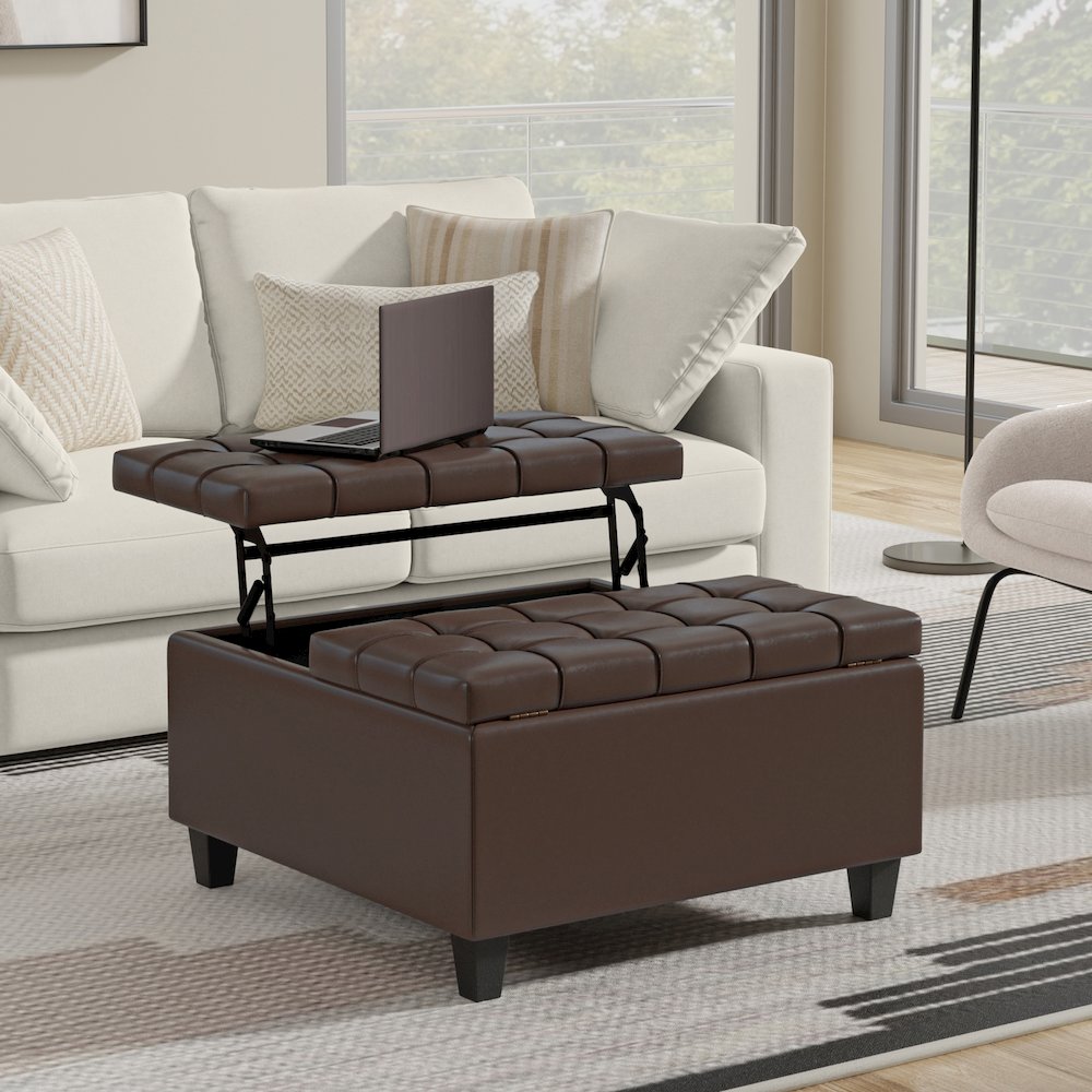 Harrison Small Square Coffee Table Storage Ottoman in Chocolate Brown. Picture 2
