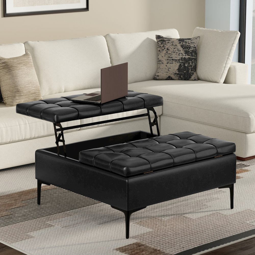 Laura Mid Century Lift Top Storage Ottoman in Midnight Black Vegan Faux Leather. Picture 2