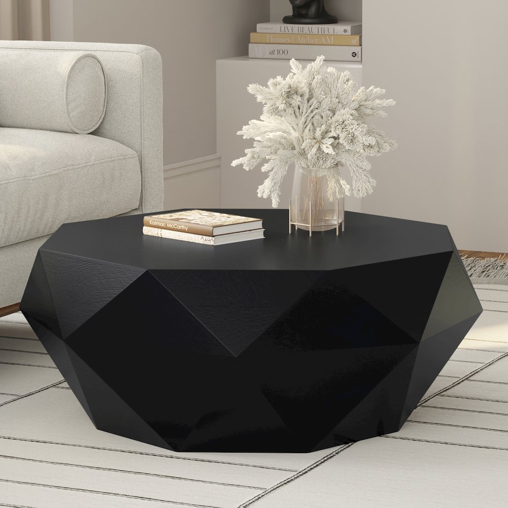 SOLID ACACIA WOOD 35 inch Wide Irregular Contemporary Coffee Table in Black. Picture 6