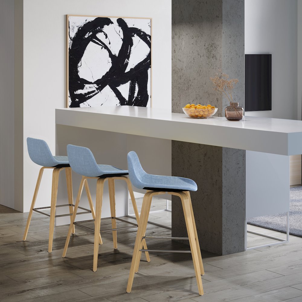 Counter Height Stool (Set Of 2) With Light Wood In Denim Blue Polyester Linen. Picture 5