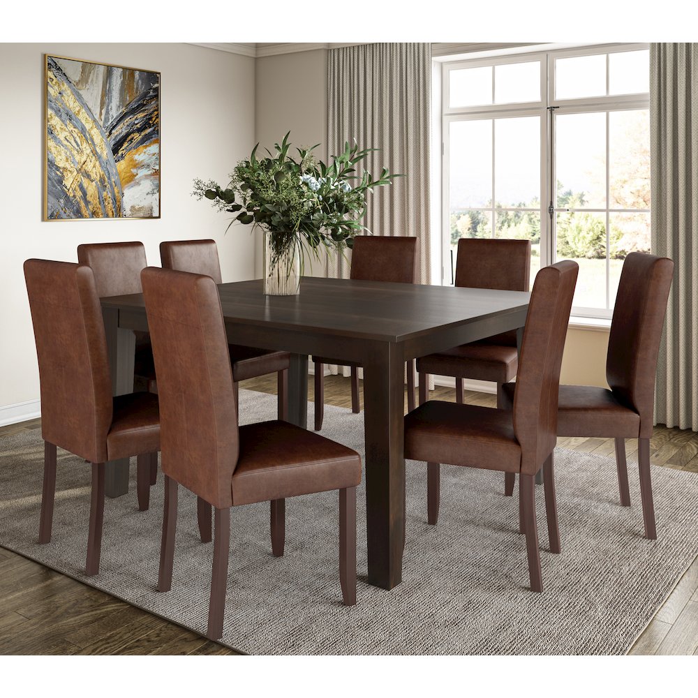 Acadian Solid Hardwood 9 Piece Dining Set In Distressed Saddle Brown. Picture 5