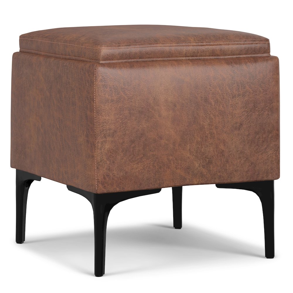 Natasha Storage Ottoman With Tray In Distressed Saddle Brown  Vegan Faux Leather. Picture 1