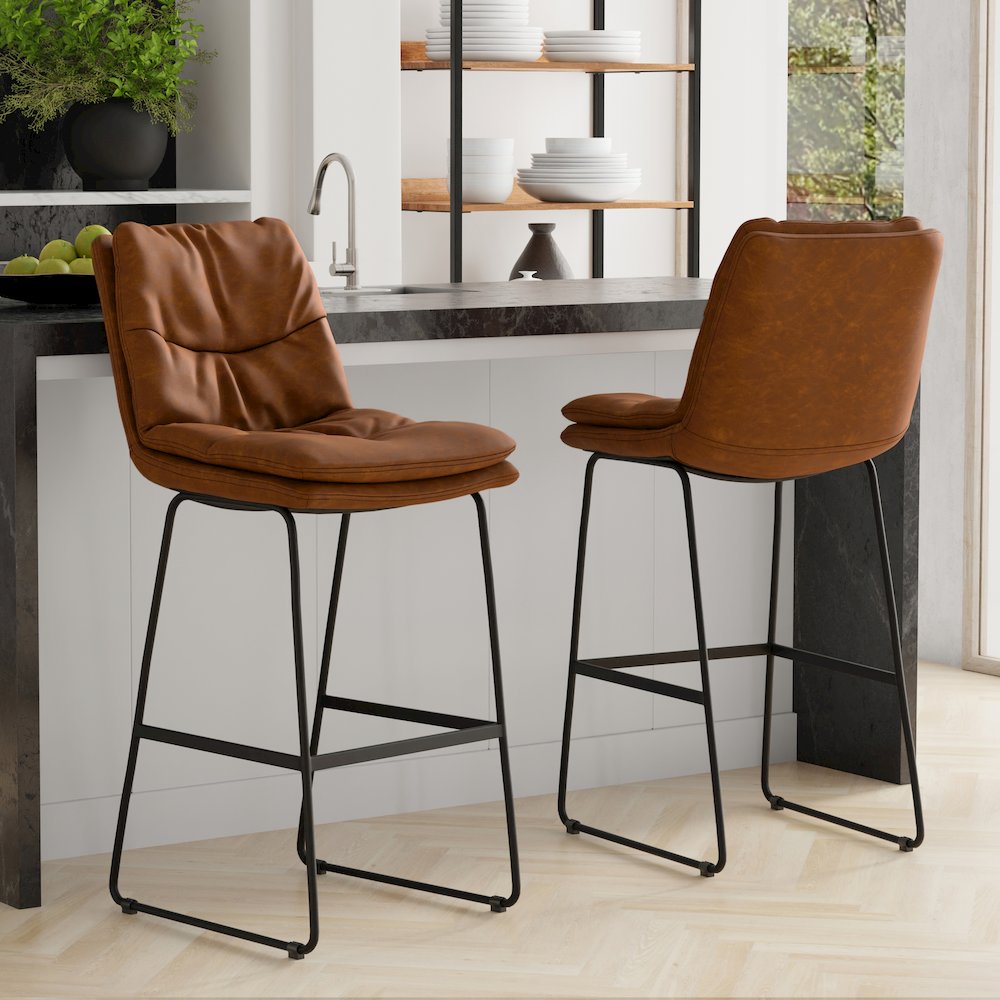 Mid Century Modern Bar Stool (Set Of 2) In Camel Brown Vegan Faux Leather. Picture 7