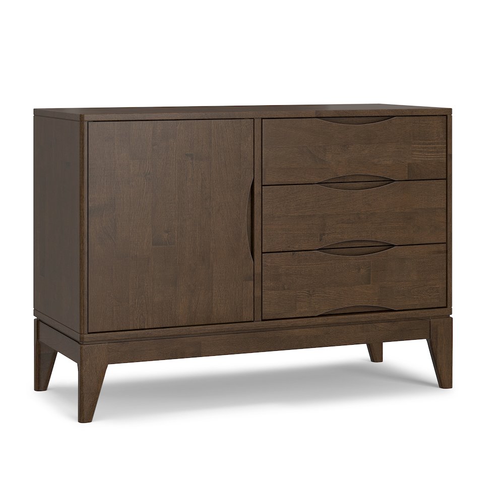 Solid Wood 42 inch Wide Mid Century Modern 3 Drawer Sideboard in Walnut Brown. Picture 1