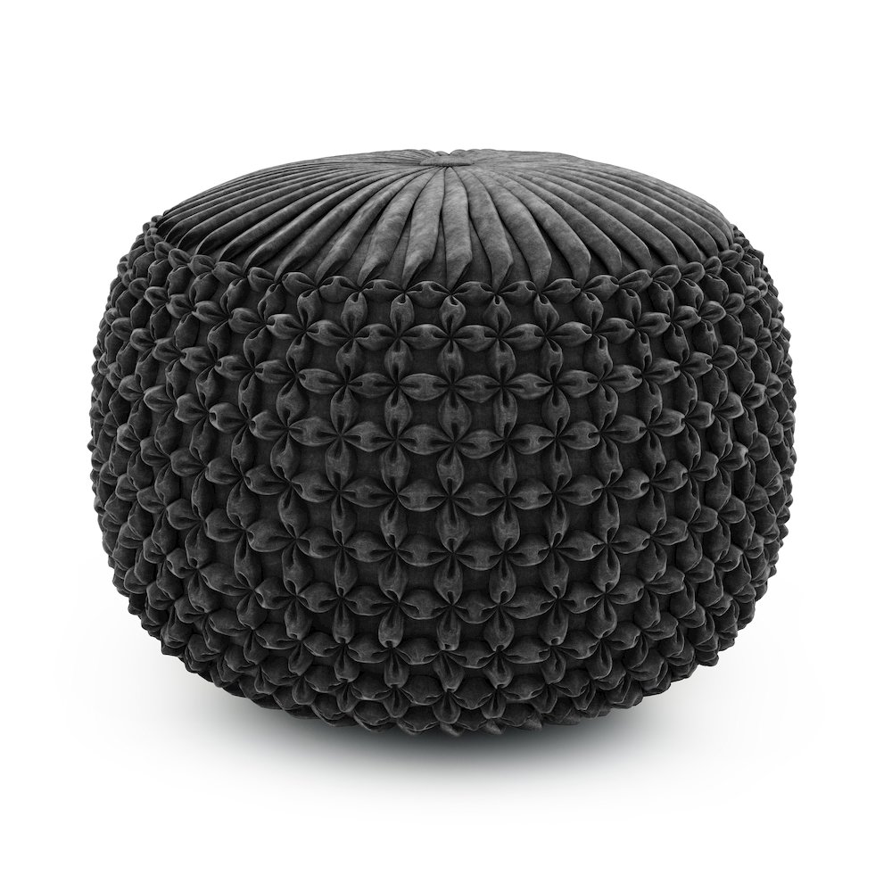 Renee Round Pouf In Slate Grey Velvet Fabric. Picture 1