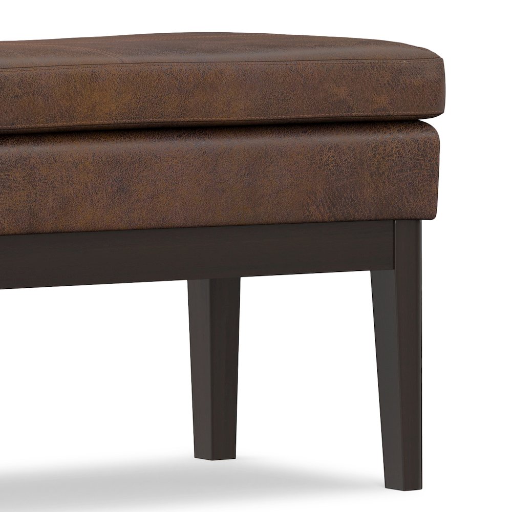 Mid Century Ottoman Bench In Distressed Chestnut Brown Vegan Faux Leather. Picture 5