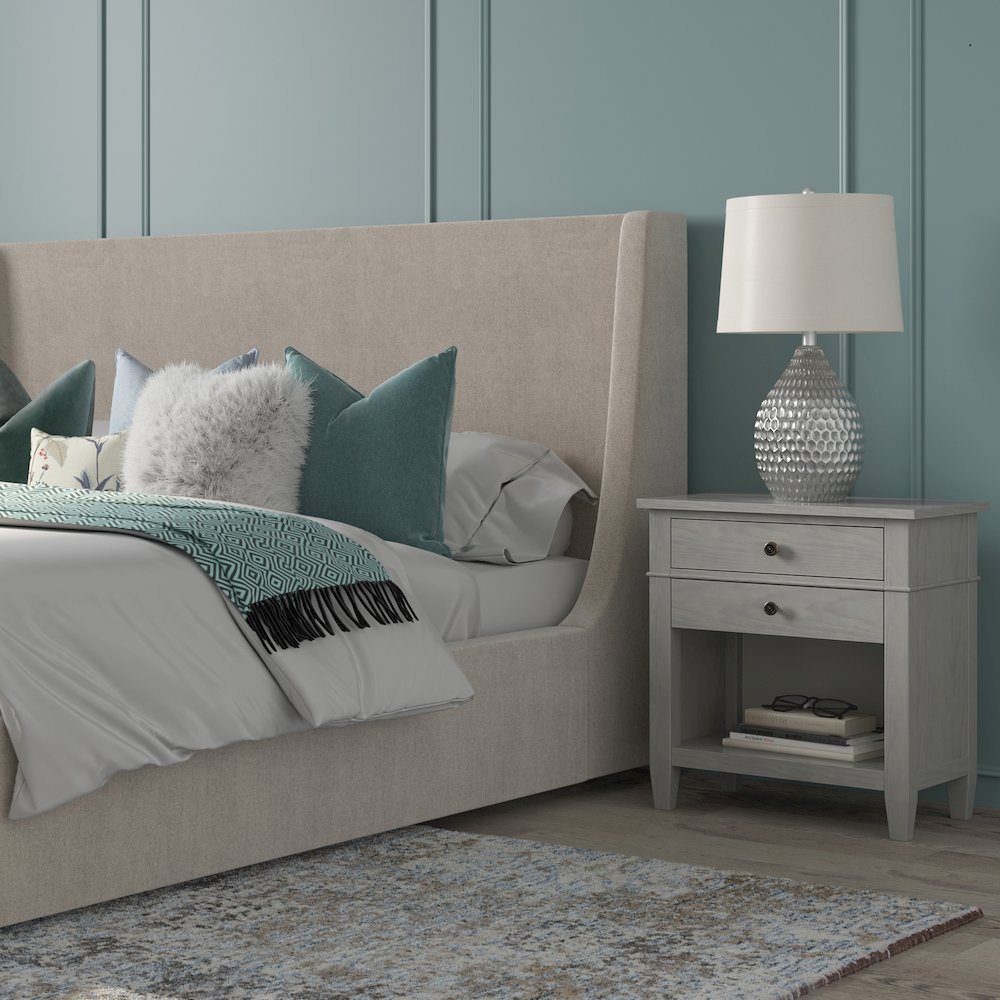 Carlton Solid Wood Bedside Table In Fog Grey. Picture 5