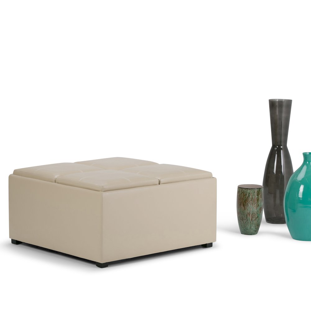 Avalon Square Coffee Table Storage Ottoman In Satin Cream Vegan Faux Leather. Picture 5