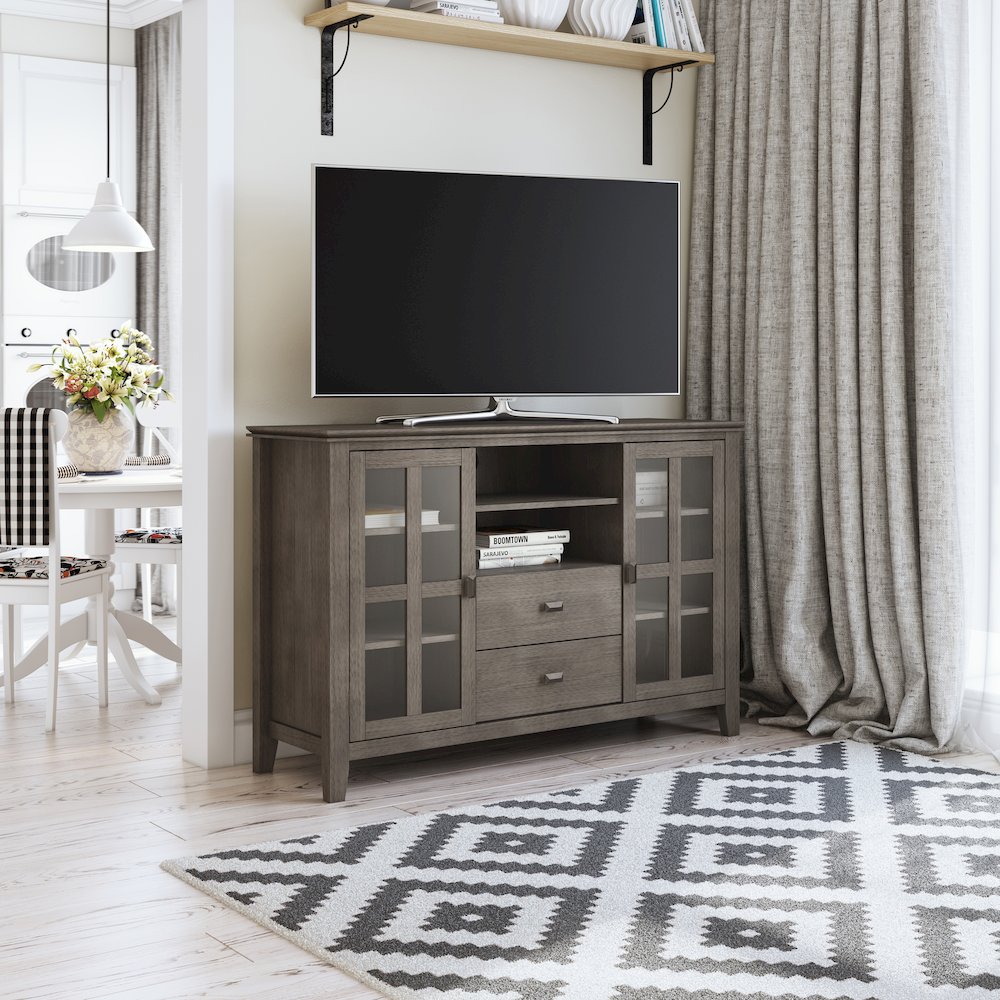 Artisan Solid Wood Tall Tv Media Stand In Farmhouse Grey For Tvs Up To 60 Inches. Picture 5