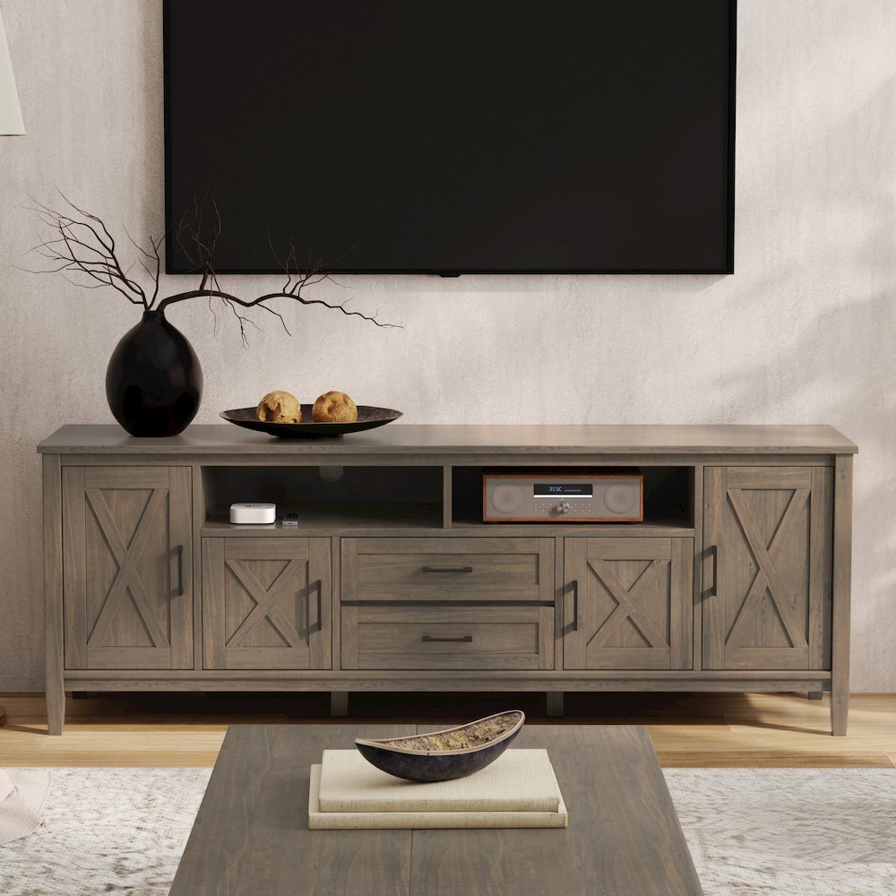 Ela Solid Wood 72 Inch Tv Media Stand In Smoky Brown For Tvs Up To 80 Inches. Picture 5