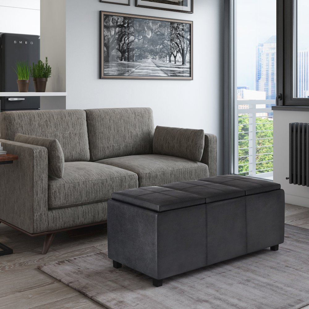 Avalon Storage Ottoman In Distressed Black Vegan Faux Leather. Picture 5