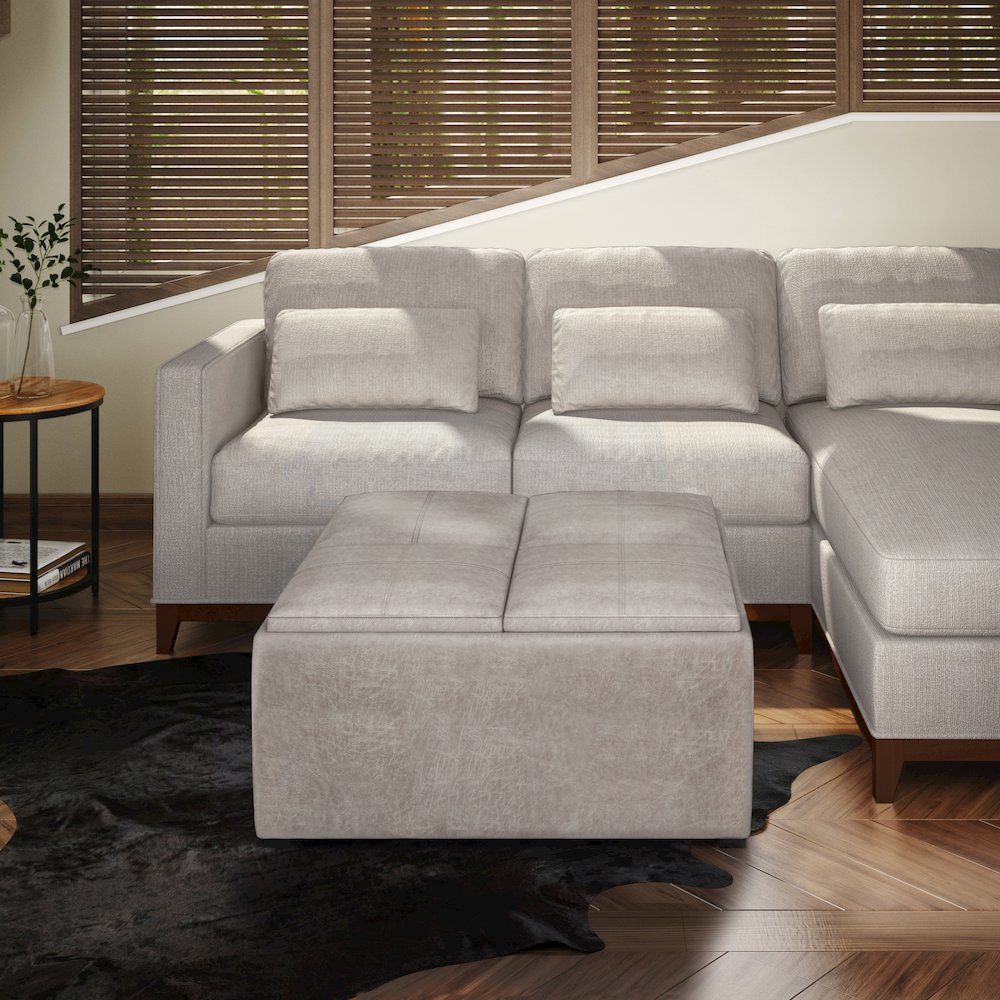 Square Coffee Table Storage Ottoman In Distressed Grey Taupe Vegan Faux Leather. Picture 5