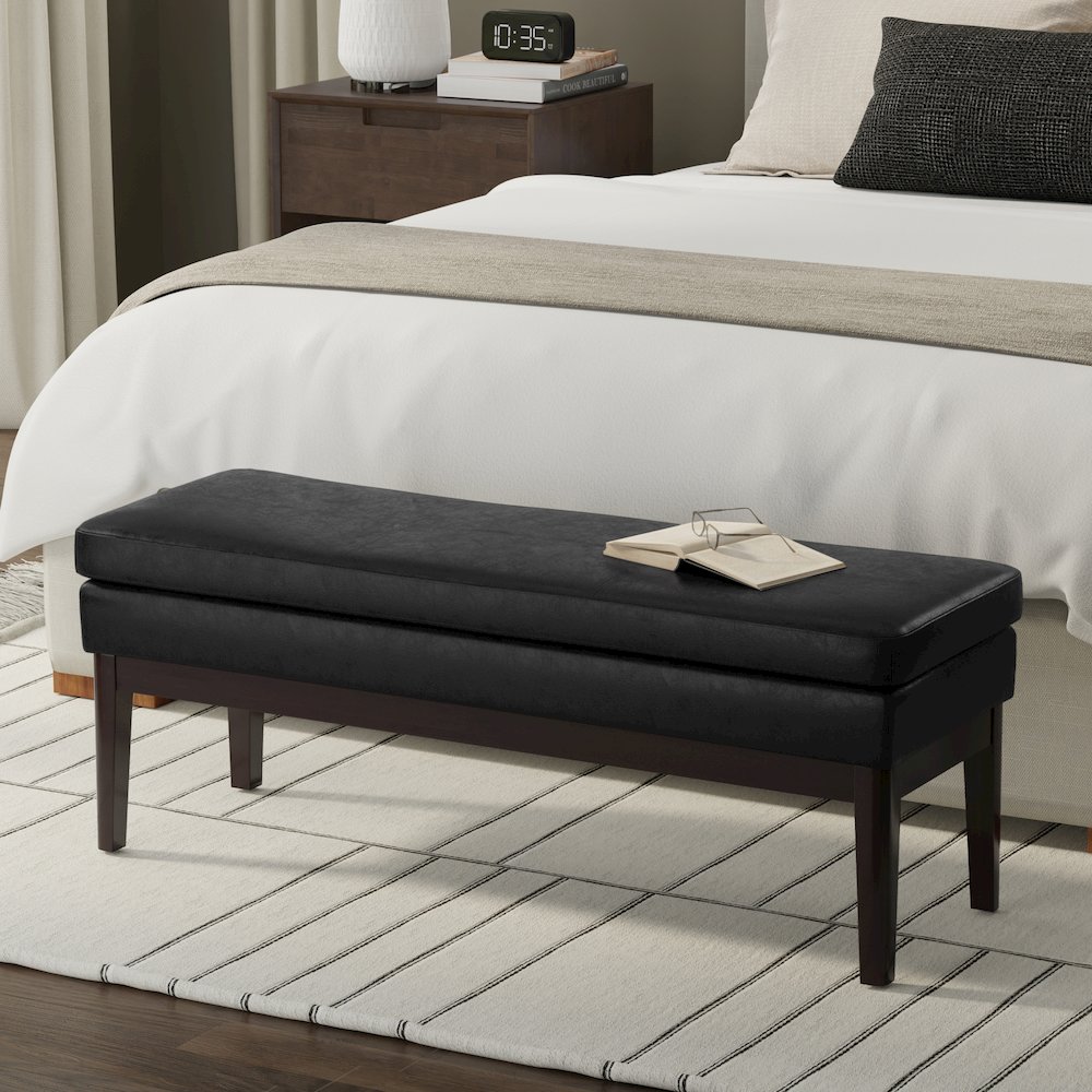 45 Inch Wide Mid Century Ottoman Bench In Distressed Black Vegan Faux Leather. Picture 6