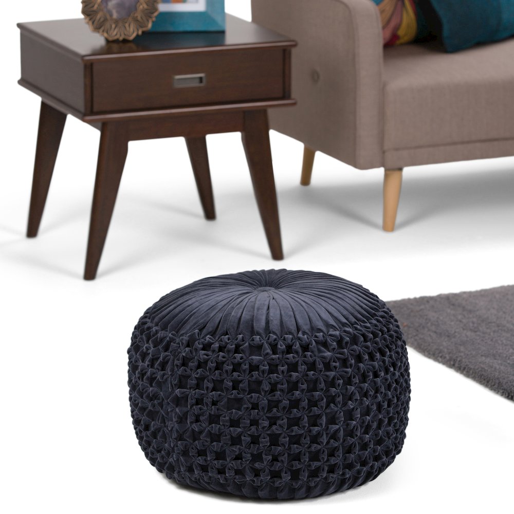 Renee Round Pouf In Navy Velvet Fabric. Picture 5