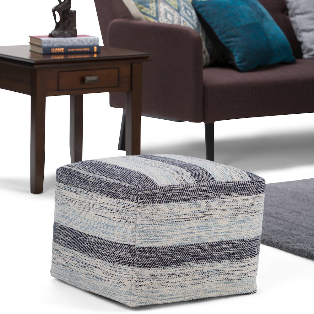 Clay Square Pouf In Patterned Blue Melange Cotton. Picture 5