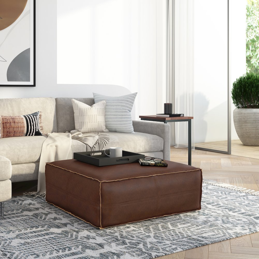 Brody Extra Large Coffee Table Pouf In Distressed Dark Brown Vegan Faux Leather. Picture 5