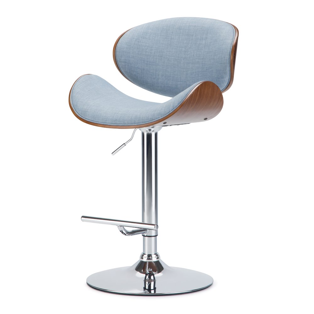 Marana Bentwood Adjustable Swivel Bar Stool In Denim Blue Linen Look Fabric. Picture 1