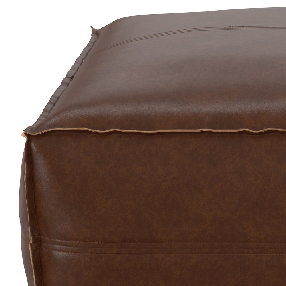 Brody Large Square Coffee Table Pouf In Distressed Dark Brown Vegan Faux Leather. Picture 4