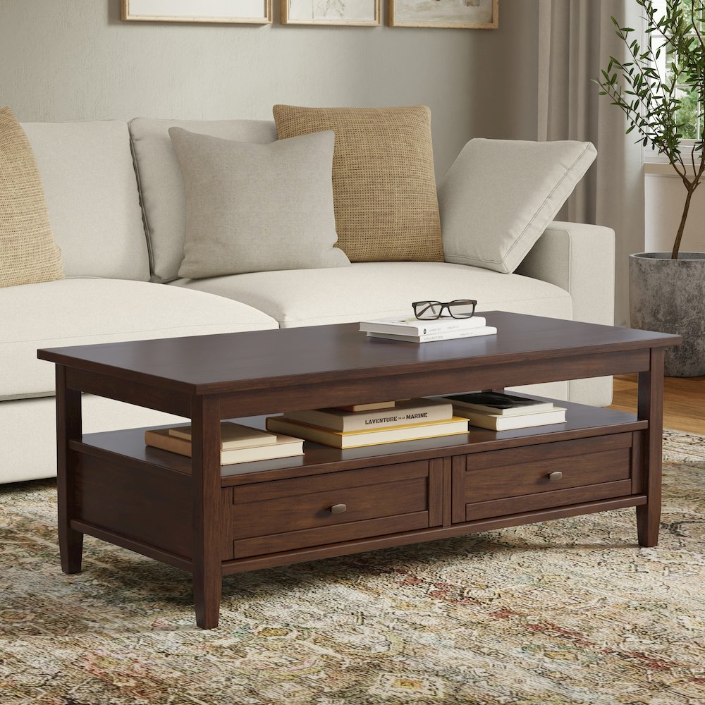 Warm Shaker Solid Wood 48 inch Wide Transitional Coffee Table in Russet Brown. Picture 5