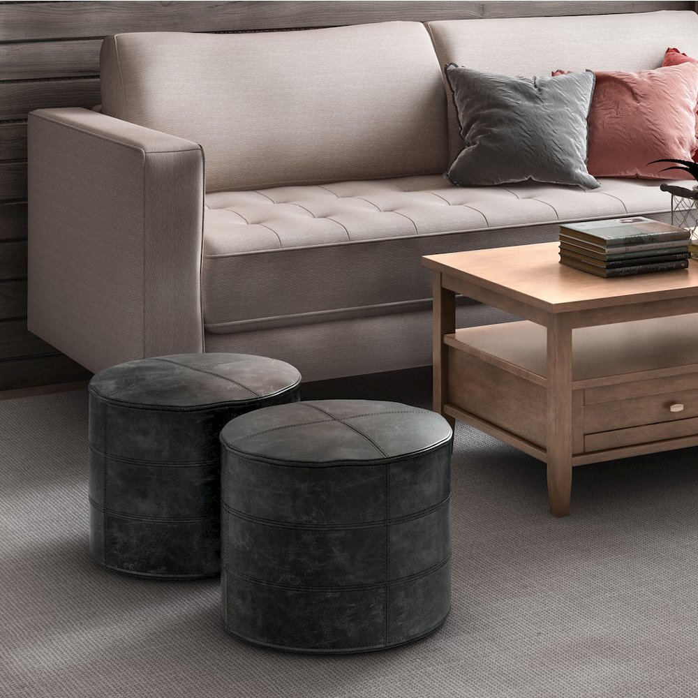 Connor Round Pouf In Distressed Black Genuine Leather. Picture 5