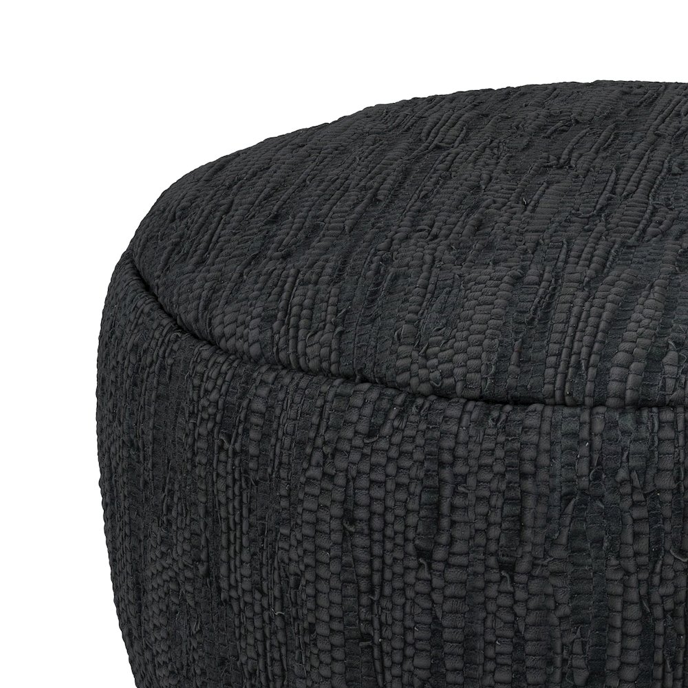 Fredrik 30 inch Wide Boho Pouf in Black Genuine Woven Leather, Assembled. Picture 3