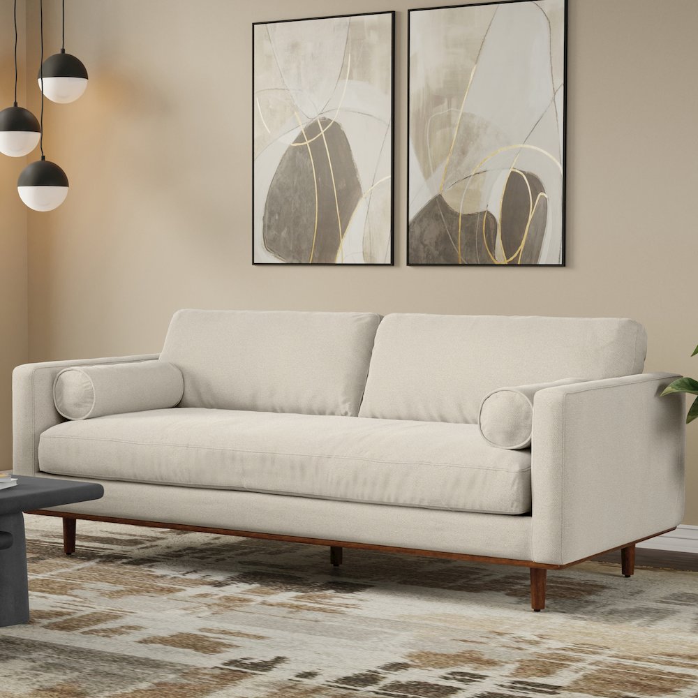 Morrison 89 inch Wide Mid-Century Modern Sofa in Cream White Woven-Blend Fabric. Picture 7
