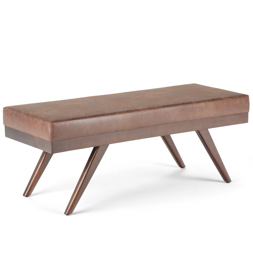 Chanelle Solid Hardwood Mid Century Ottoman Bench In Distressed Umber Brown. Picture 1