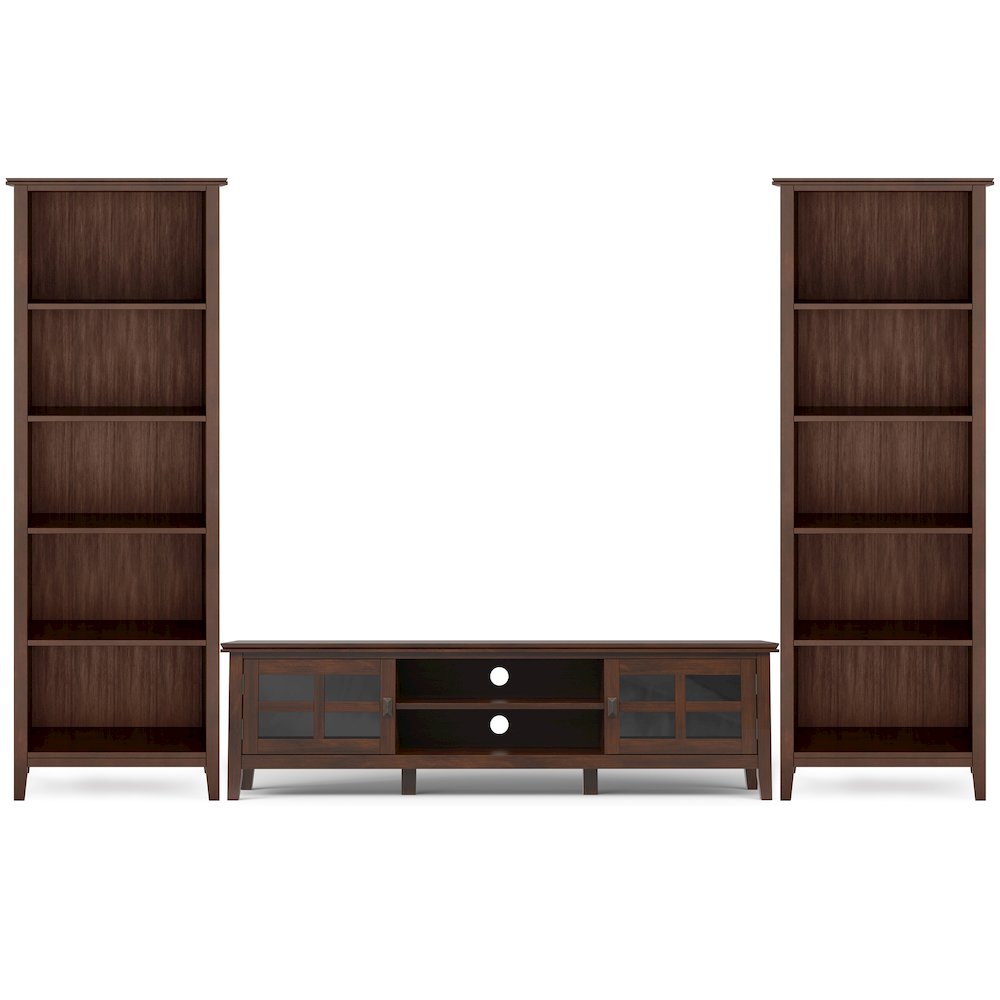 72"W Low TV Stand with Two 26"W 5 Shelf Bookcases in Russet Brown (Set of 3). Picture 1