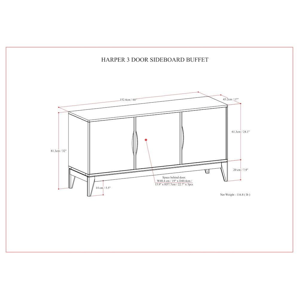 Harper Solid Hardwood 3 Door Sideboard Buffet / Storage Cabinet In Walnut Brown. Picture 6