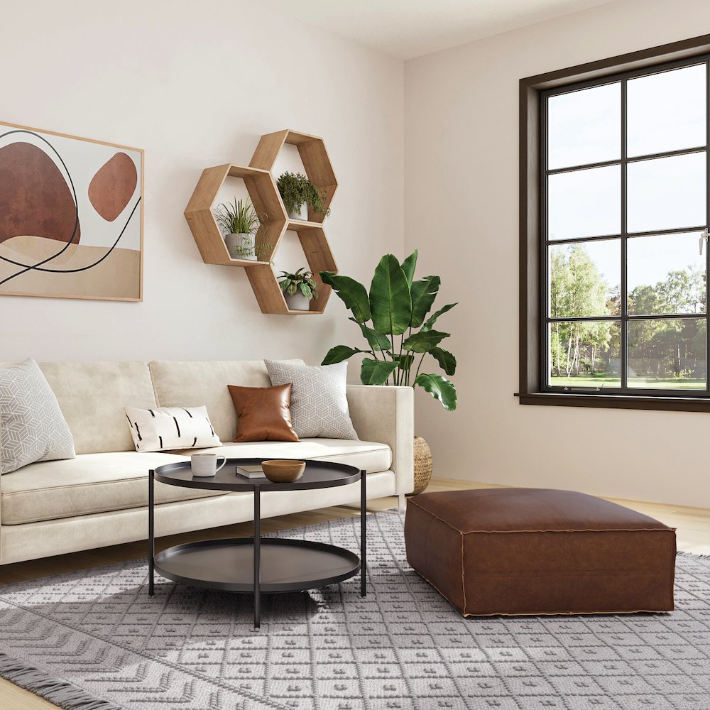 Brody Large Square Coffee Table Pouf In Distressed Dark Brown Vegan Faux Leather. Picture 5