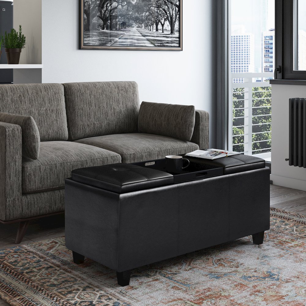Storage Ottoman With Lift Up Lids In Midnight Black Vegan Faux Leather. Picture 5