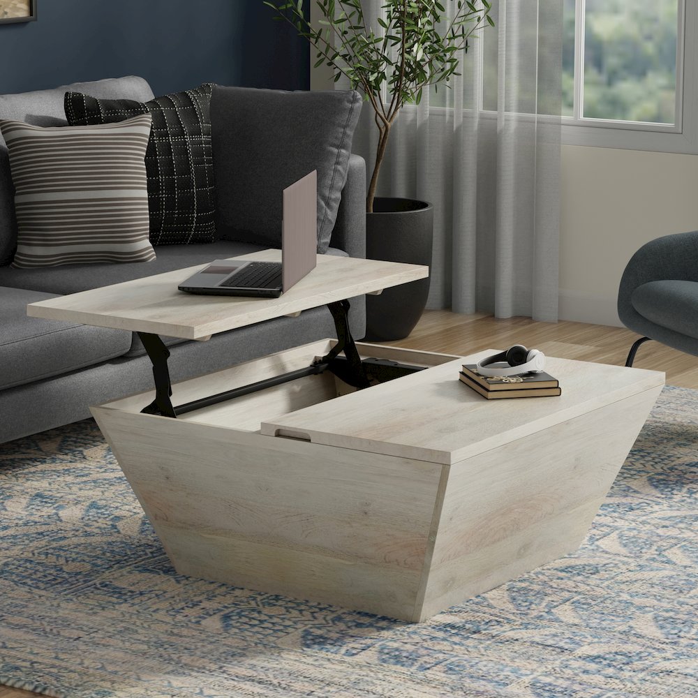 Abba 36 inch Wide Solid Mango Modern Lift Top Coffee Table in White Wash. Picture 6